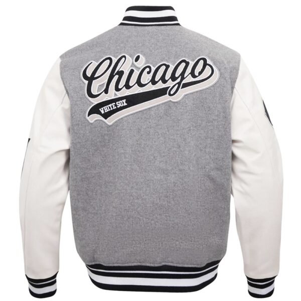 Chicago White Sox Pro Standard Script Tail GreyWhite Rib Wool Leather Varsity Jacket 2