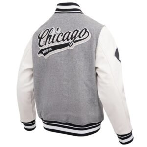 Chicago White Sox Pro Standard Script Tail GreyWhite Rib Wool Leather Varsity Jacket 3