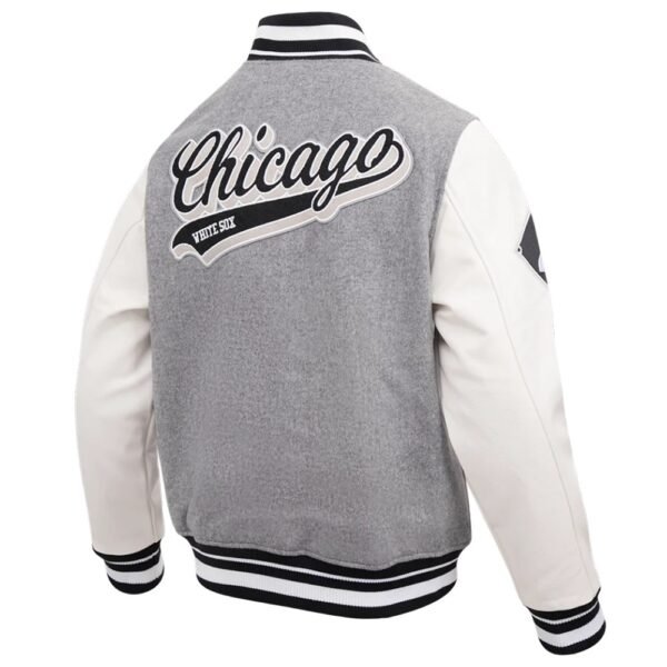 Chicago White Sox Pro Standard Script Tail GreyWhite Rib Wool Leather Varsity Jacket 3