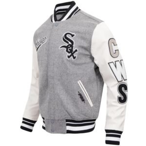 Chicago White Sox Pro Standard Script Tail GreyWhite Rib Wool Leather Varsity Jacket 4