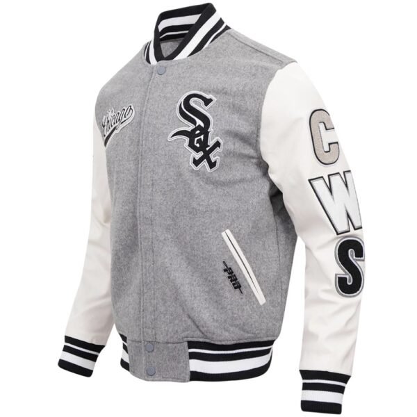 Chicago White Sox Pro Standard Script Tail GreyWhite Rib Wool Leather Varsity Jacket 4