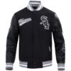 Chicago White Sox Script Tail Black Rib Wool Leather Varsity Jacket 1