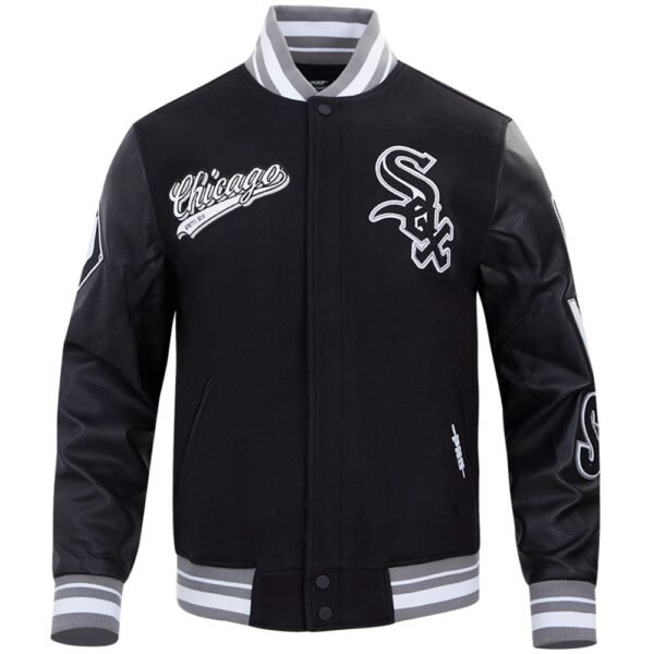 Chicago White Sox Script Tail Black Rib Wool Leather Varsity Jacket 1