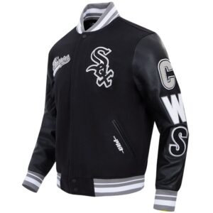 Chicago White Sox Script Tail Black Rib Wool Leather Varsity Jacket 2