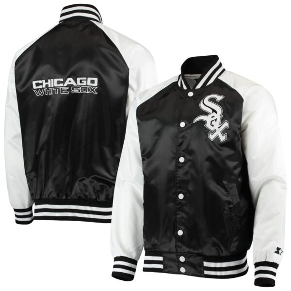 Chicago White Sox Starter The Lead Off Hitter Black White Full Snap Satin Varsity Jacket 2