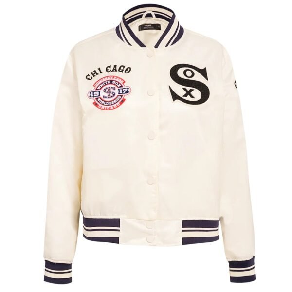 Chicago White Sox Womens White Full Snap Satin Varsity Jacket 1