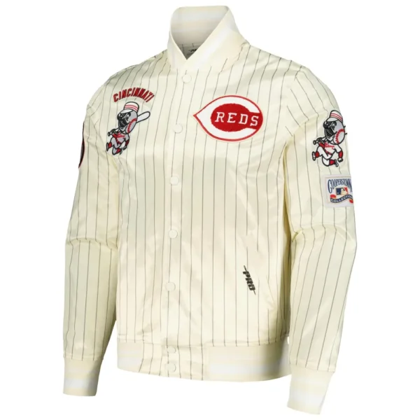 Cincinnati Reds Pro Standard Classic Cream Rib Knitted Full Snap Satin Varsity Jacket 1