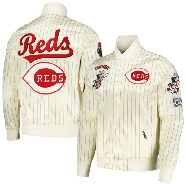 Cincinnati Reds Pro Standard Classic Cream Rib Knitted Full Snap Satin Varsity Jacket 3