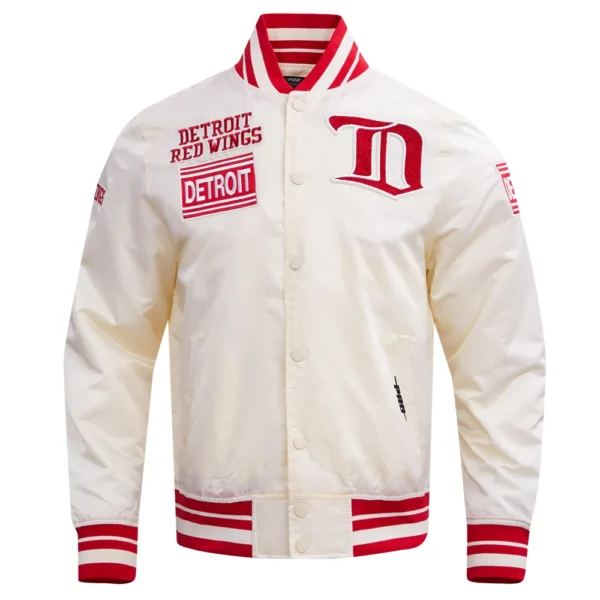 Detroit Red Wings Pro Standard Retro Cream Classic Satin Varsity Jacket 1