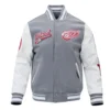 Detroit Red Wings Pro Standard Script Tail GrayWhite Wool Leather Varsity Jacket 1