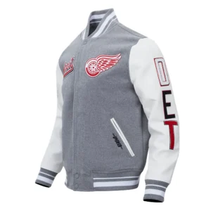 Detroit Red Wings Pro Standard Script Tail GrayWhite Wool Leather Varsity Jacket 2