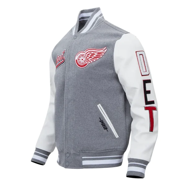 Detroit Red Wings Pro Standard Script Tail GrayWhite Wool Leather Varsity Jacket 2