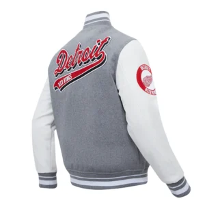 Detroit Red Wings Pro Standard Script Tail GrayWhite Wool Leather Varsity Jacket 3