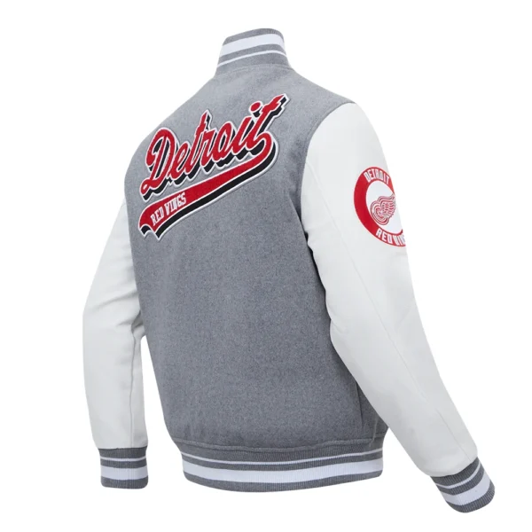 Detroit Red Wings Pro Standard Script Tail GrayWhite Wool Leather Varsity Jacket 3