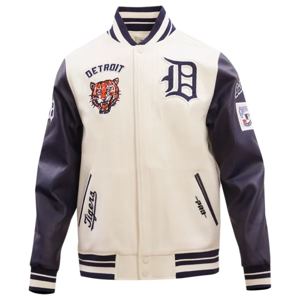 Detroit Tigers Mens Pro Standard Team Players CreamBlack Wool Leather Varsity Jacket 1
