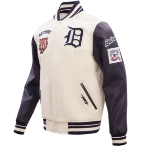Detroit Tigers Mens Pro Standard Team Players CreamBlack Wool Leather Varsity Jacket 2