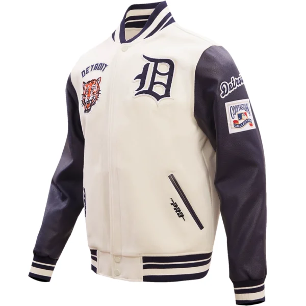 Detroit Tigers Mens Pro Standard Team Players CreamBlack Wool Leather Varsity Jacket 2