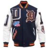 Detroit Tigers Pro Standard NavyWhite Ribbed Knitted Wool Leather Varsity Jacket 1