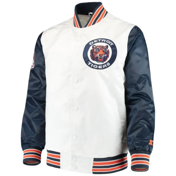 Detroit Tigers Starter Classic Ribbed Knitted White Full Snap Satin Varsity Jacket 1