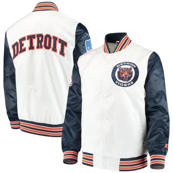 Detroit Tigers Starter Classic Ribbed Knitted White Full Snap Satin Varsity Jacket 3