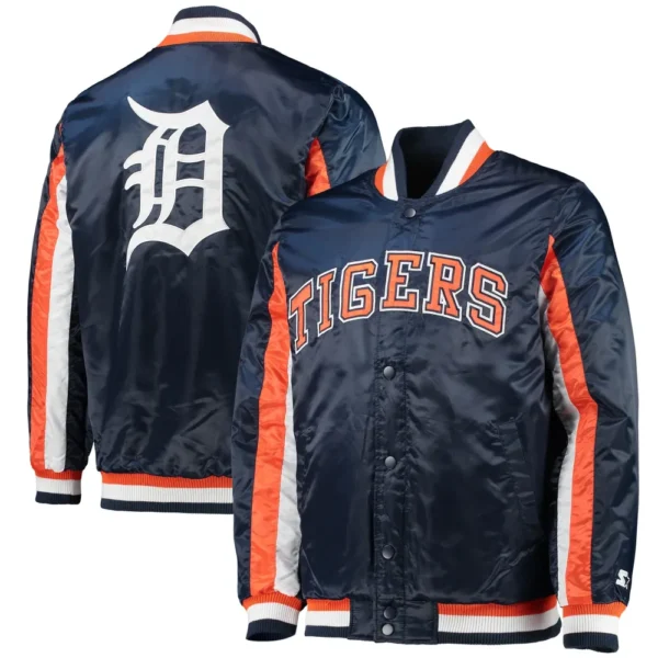 Detroit Tigers Starter The Ace Full Snap Satin Varsity Navy Jacket 4