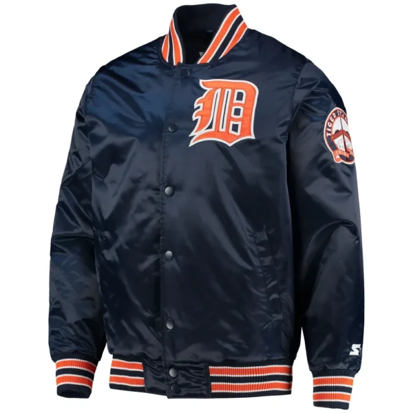 Detroit Tigers Starter The Diamond Full Snap Satin Varsity Navy Jacket 1