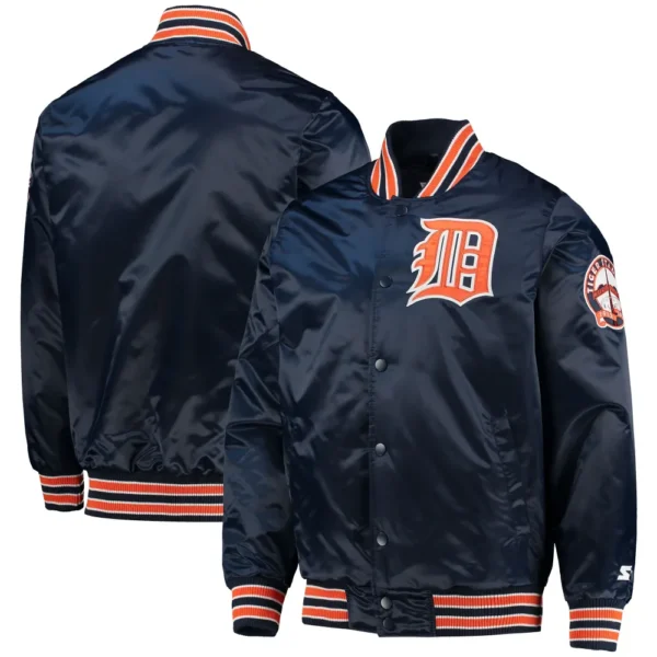 Detroit Tigers Starter The Diamond Full Snap Satin Varsity Navy Jacket 3