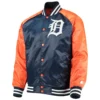 Detroit Tigers Starter The Lead Off Hitter Full Snap Navy Orange Satin Varsity Jacket 1