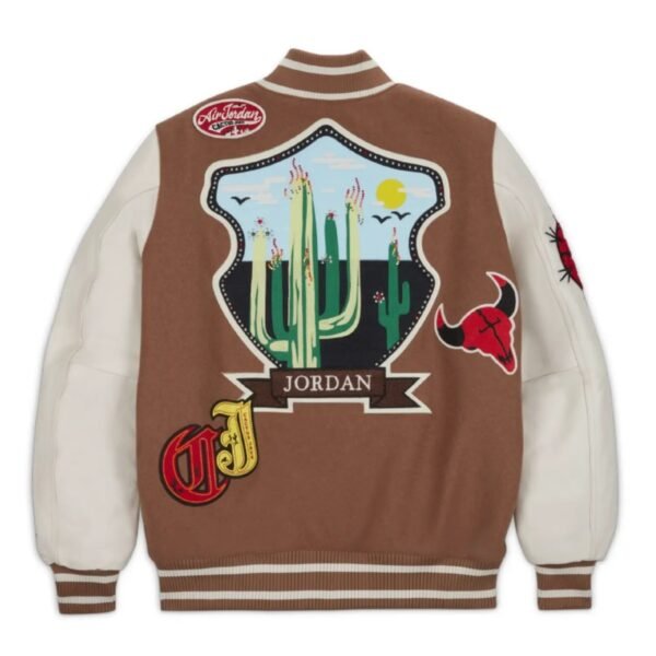 Jordan X Travis Scott Antique Wool Leather Brown Varsity Jacket 2