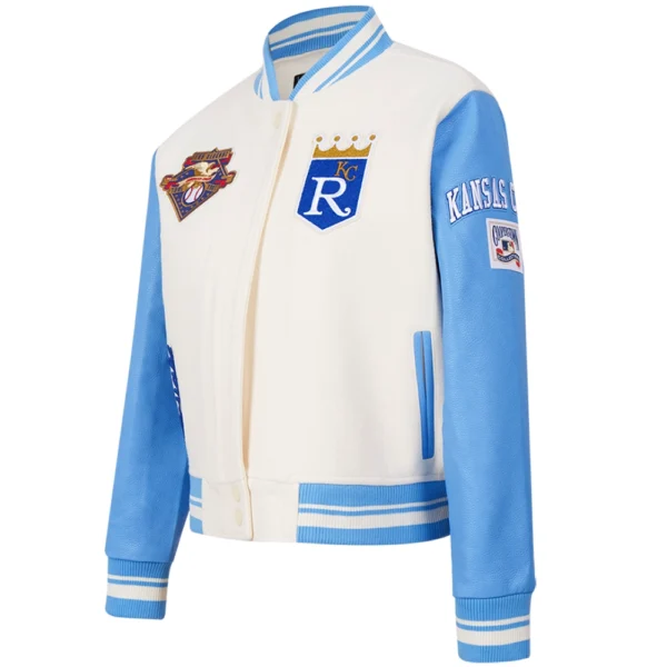 Kansas City Royals Pro Standard Womens Retro Classic Wool Leather Varsity Jacket CreamSky Blu