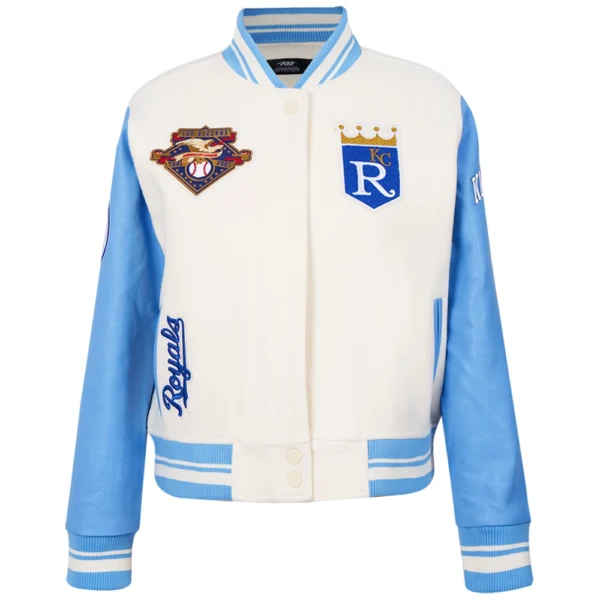 Kansas City Royals Pro Standard Womens Retro Classic Wool Leather Varsity Jacket CreamSky Blu 1