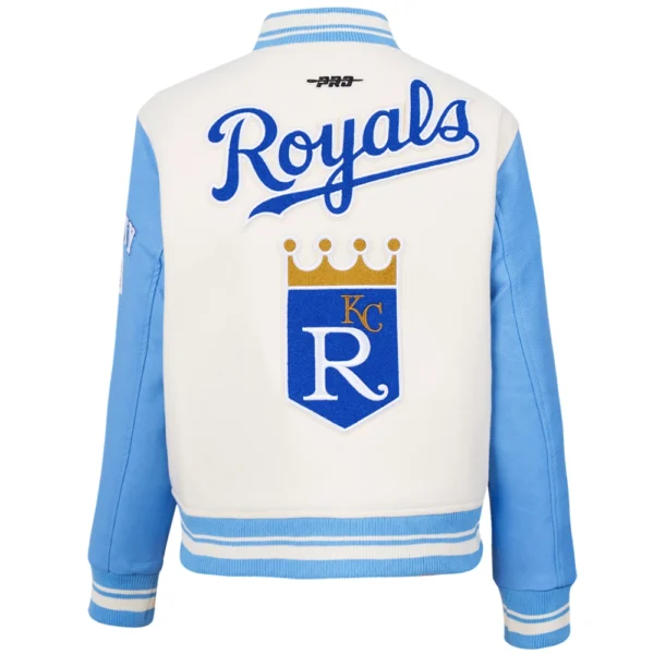 Kansas City Royals Pro Standard Womens Retro Classic Wool Leather Varsity Jacket CreamSky Blu 3