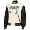 Los Angeles Angels PLEASURES CreamBlack Full Snap Wool Leather Varsity Jacket 1