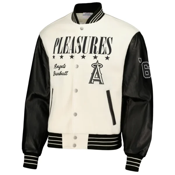 Los Angeles Angels PLEASURES CreamBlack Full Snap Wool Leather Varsity Jacket 1