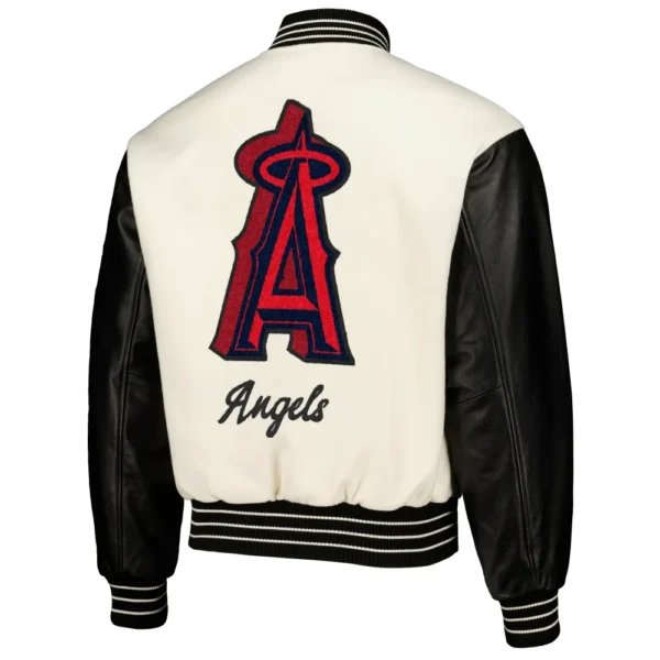 Los Angeles Angels PLEASURES CreamBlack Full Snap Wool Leather Varsity Jacket 2