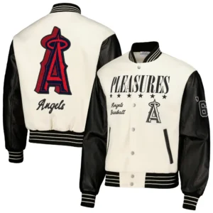 Los Angeles Angels PLEASURES CreamBlack Full Snap Wool Leather Varsity Jacket 3