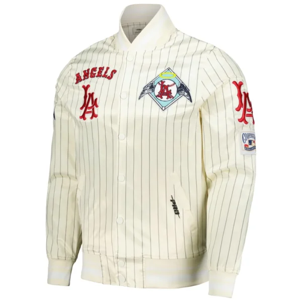 Los Angeles Angels Pro Standard Cooperstown Pinstripe Cream Full Snap Satin Varsity Jacket 1