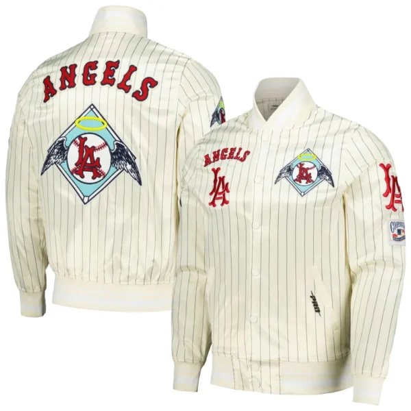 Los Angeles Angels Pro Standard Cooperstown Pinstripe Cream Full Snap Satin Varsity Jacket 3