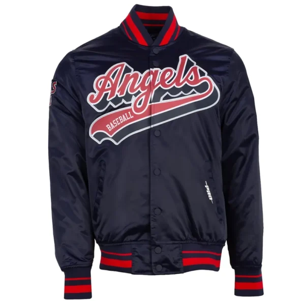 Los Angeles Angels Pro Standard Script Tail Navy Full Snap Satin Varsity Jacket 1
