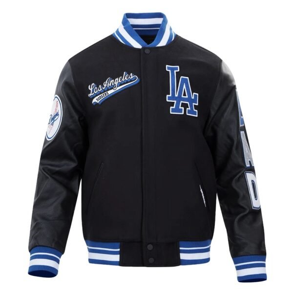 Los Angeles Dodgers Script Tail Wool Leather Varsity Black Jacket 1