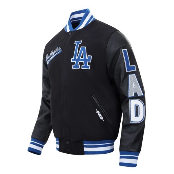 Los Angeles Dodgers Script Tail Wool Leather Varsity Black Jacket 4
