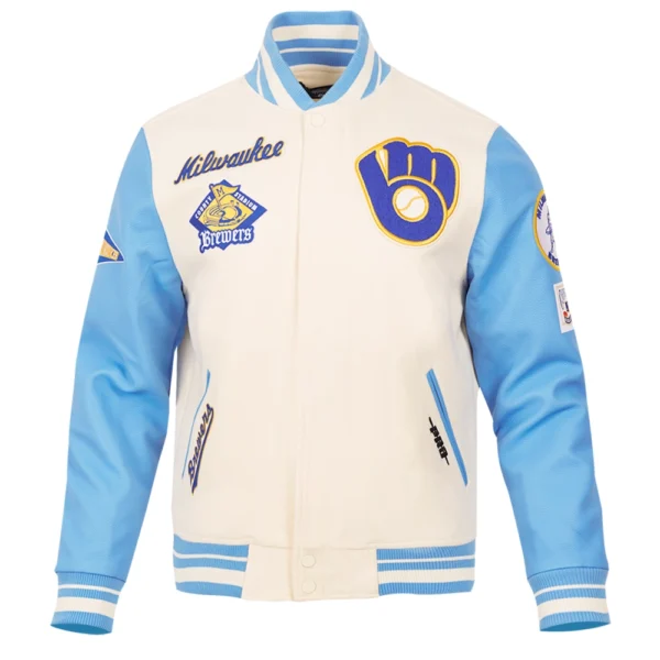 Milwaukee Brewers Baseball Team Players Wool Leather Varsity Jacket CreamSky Blue 1