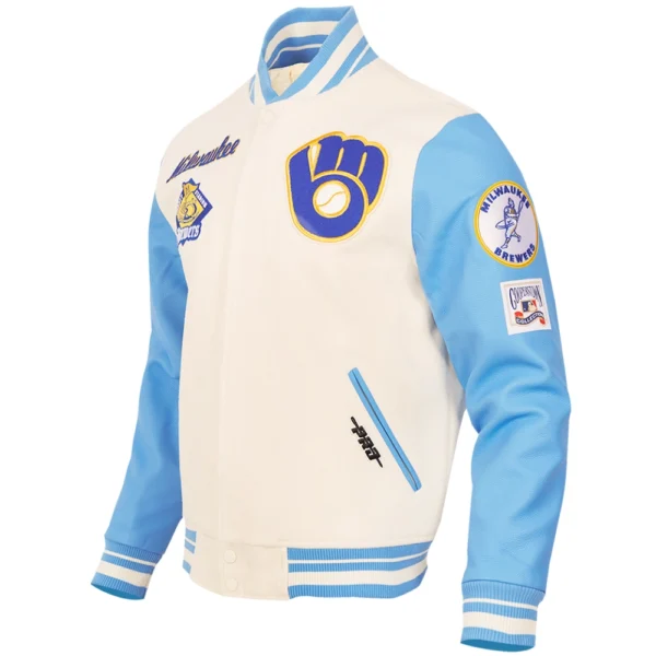 Milwaukee Brewers Baseball Team Players Wool Leather Varsity Jacket CreamSky Blue 2