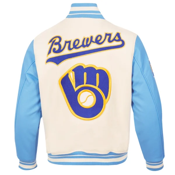 Milwaukee Brewers Baseball Team Players Wool Leather Varsity Jacket CreamSky Blue 3