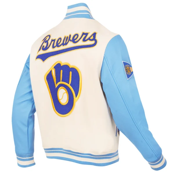 Milwaukee Brewers Baseball Team Players Wool Leather Varsity Jacket CreamSky Blue 4