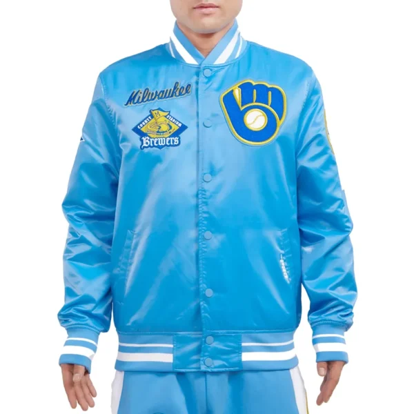 Milwaukee Brewers Retro Classic Sky Blue Rib Full Snap Satin Varsity Jacket 1