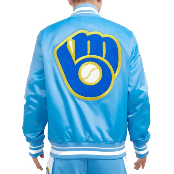 Milwaukee Brewers Retro Classic Sky Blue Rib Full Snap Satin Varsity Jacket 2