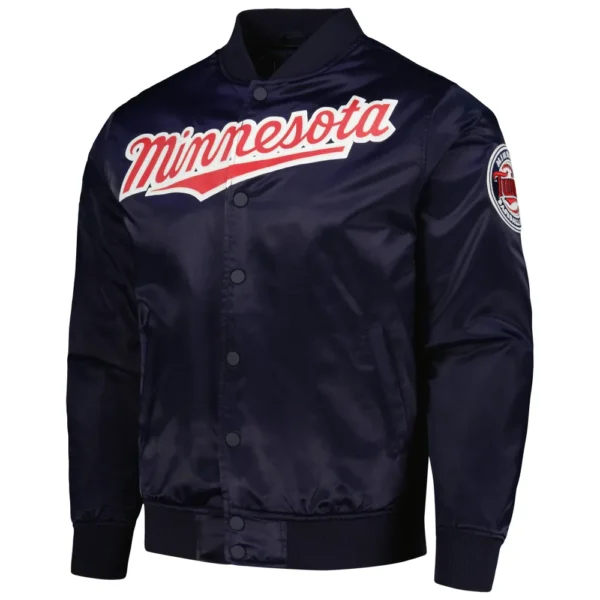 Minnesota Twins Pro Standard Wordmark Navy Full Snap Satin Varsity Jacket 1