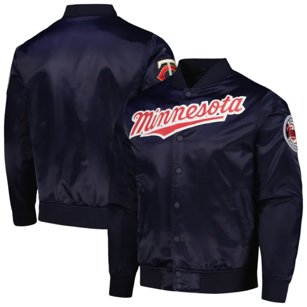Minnesota Twins Pro Standard Wordmark Navy Full Snap Satin Varsity Jacket 3