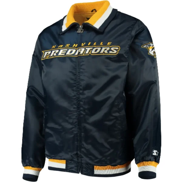 Nashville Predators Starter Captain II Navy Full Zip Satin Varsity Jacket 1